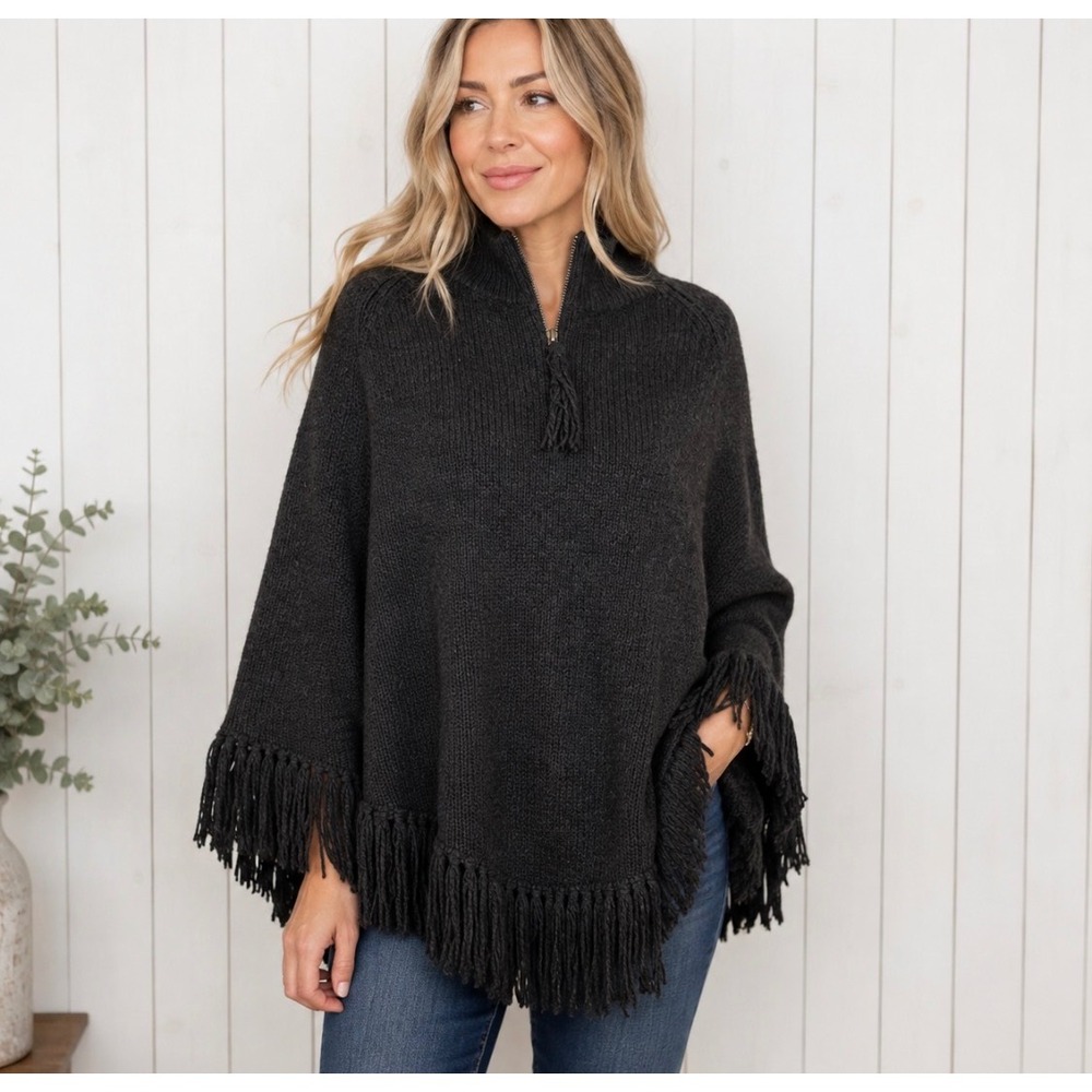 Westbound Chunky Knit Poncho Sweater L Wool Blend 1/4 Zip Fringe Black Boho NWOT